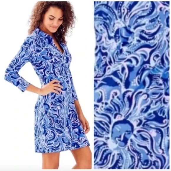 LILLY PULITZER Upf 50+ Ansley Polo Dress In High Tide Navy Lucky Bamboo - small - Picture 4 of 7